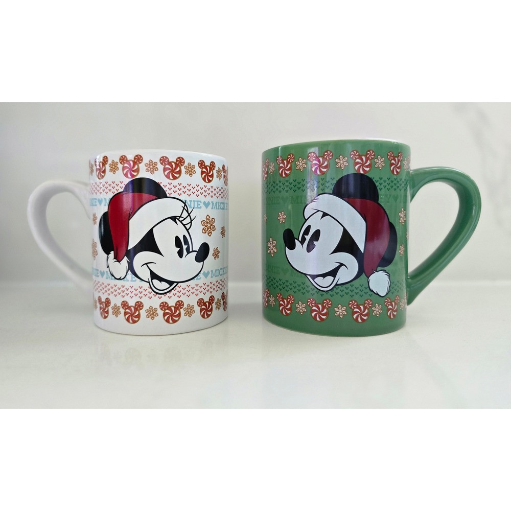 Disney Mickey Minnie Mouse Christmas Mug Set of 2 14oz ‎ Holiday Green